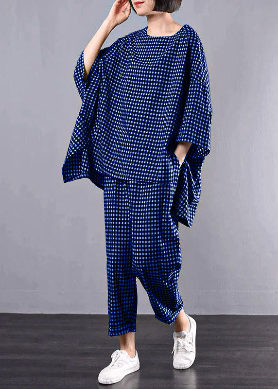 Casual Plus Size Cotton Linen Blue Plaid Vintage Blouse And Pants Two Pieces Set(Limited Stock)