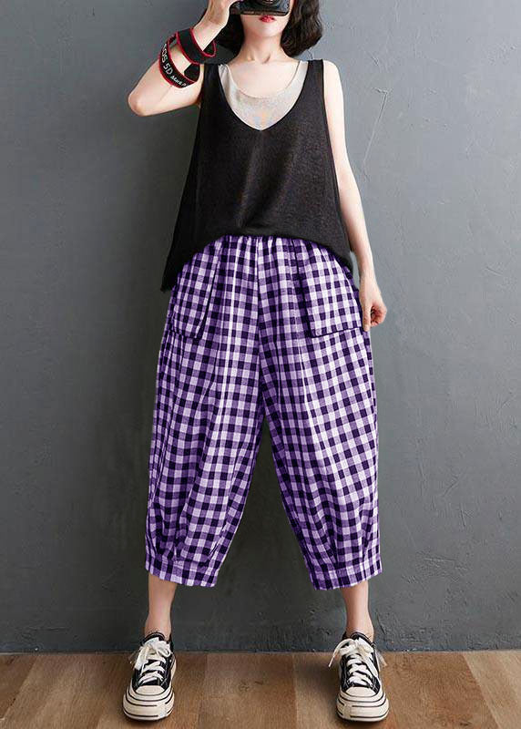 Plus Size Purple Elastic Waist Casual Harem Pants Summer Cotton Linen