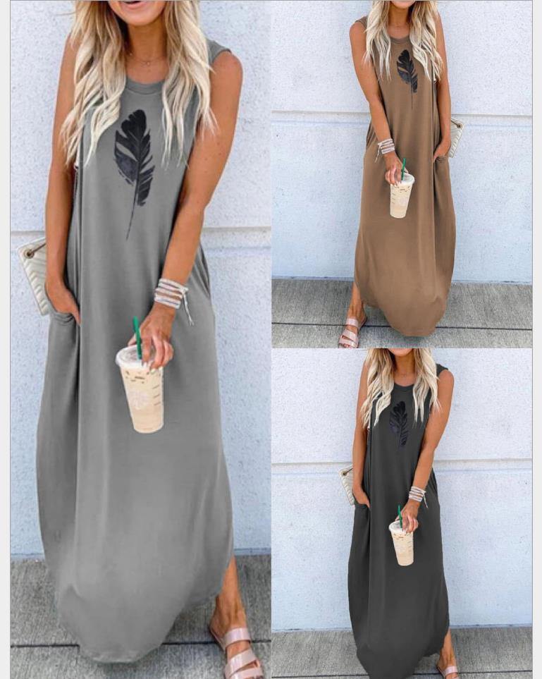 Printed sleeveless shift vest casual long dress