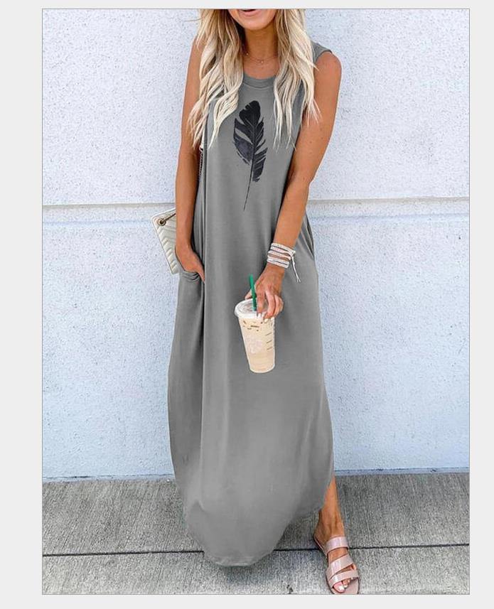 Printed sleeveless shift vest casual long dress