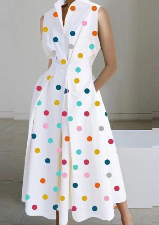 2025 White-small dots Peter Pan Collar Pockets Cotton Dress Long Sleeve