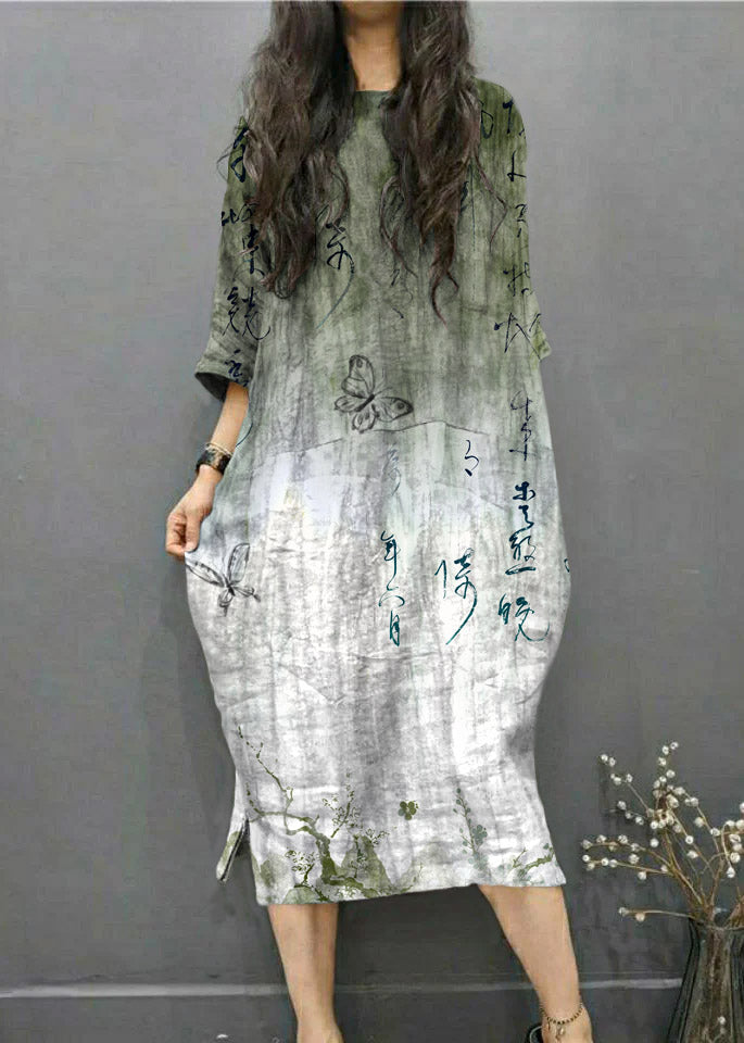 Beautiful Grey O-Neck Wrinkled Side Open Linen Long Dress Batwing Sleeve