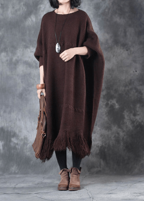 2025 Fall Tassel Sweater weather Vintage chocolate Fuzzy sweater dress