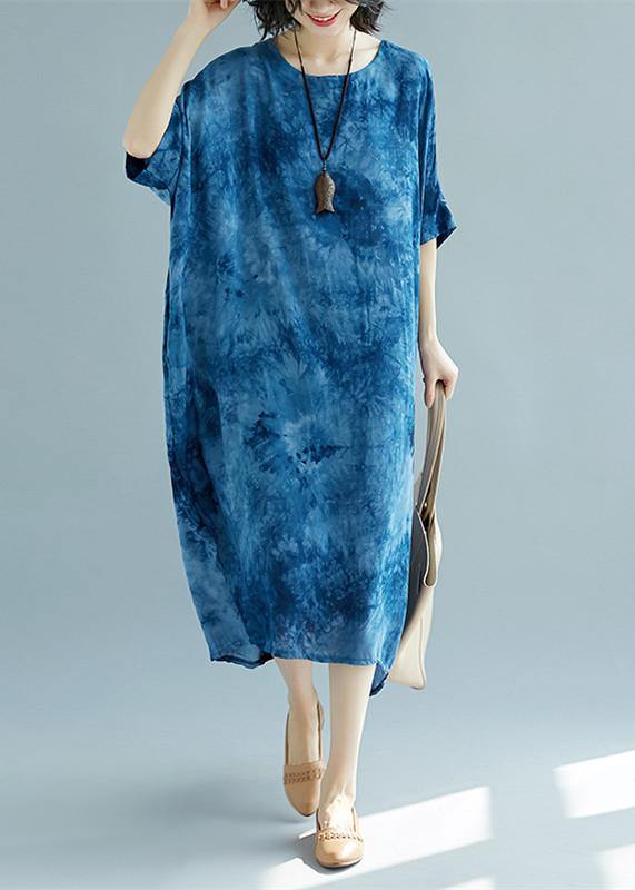 2025 blue long linen dress plus size O neck floral linen clothing dresses casual short sleeve baggy dresses linen caftans