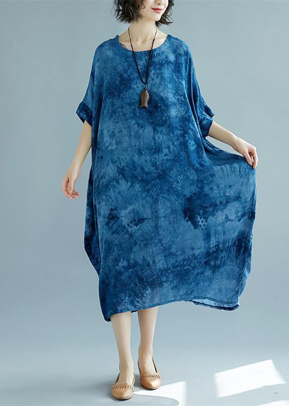 2025 blue long linen dress plus size O neck floral linen clothing dresses casual short sleeve baggy dresses linen caftans