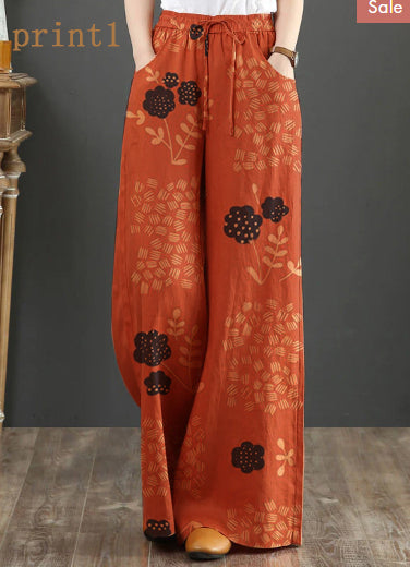 Orange-print2 Elastic Waist Linen Straight Pants Solid Color Drawstring Summer