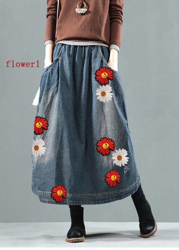 Blue-white flower Pockets Retro Patchwork Summer Skirts Denim