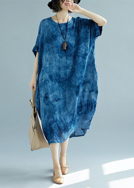 2025 blue long linen dress plus size O neck floral linen clothing dresses casual short sleeve baggy dresses linen caftans