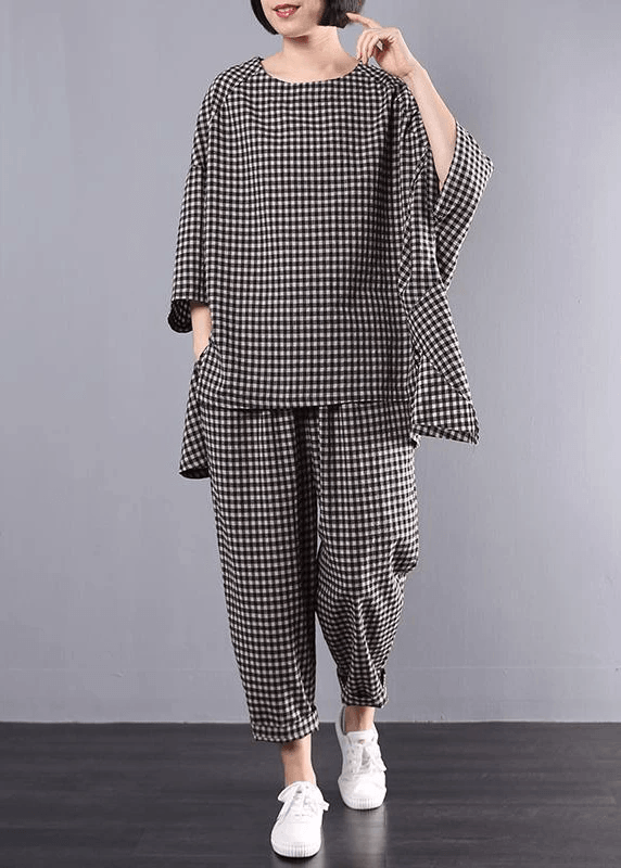 Casual Plus Size Cotton Linen Purple Plaid Vintage Blouse And Pants Two Pieces Set(Limited Stock)