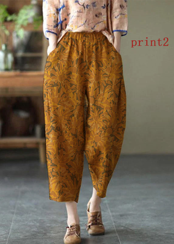 Natural Checkered Pumpkin Elastic Waist Summer Linen Harem Pants