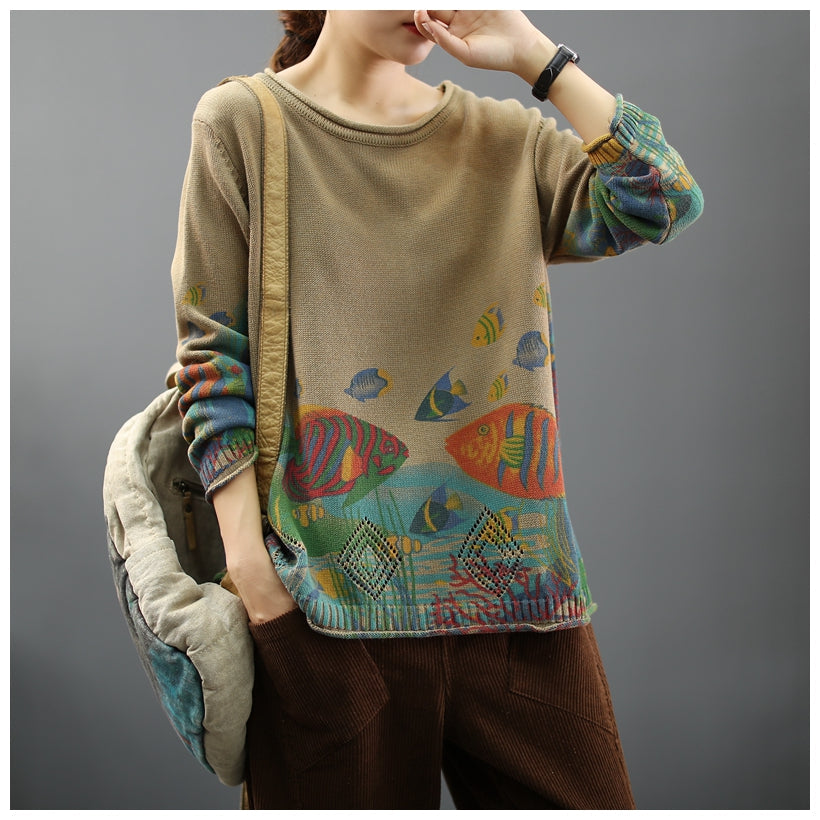 Women 2025 Vintage Prints Loose Sweater Casual Spring Tops