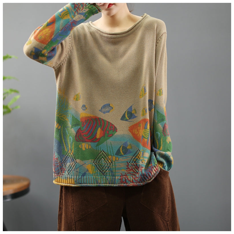 Women 2025 Vintage Prints Loose Sweater Casual Spring Tops