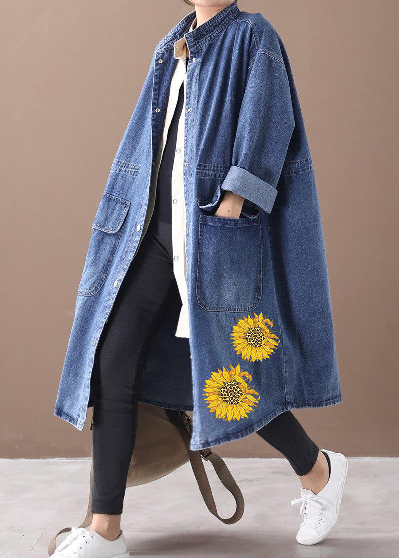 French denim blue Plus Size box coat Shape stand collar drawstring coat