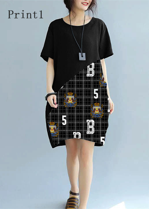 fine black patchwork linen shift dress Loose fitting cotton clothing dress Elegant short sleeve wild prints knee dresses