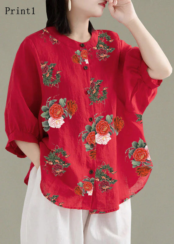 Art Red-print1 O-Neck Button Linen Loose Shirt Top Lantern Sleeve