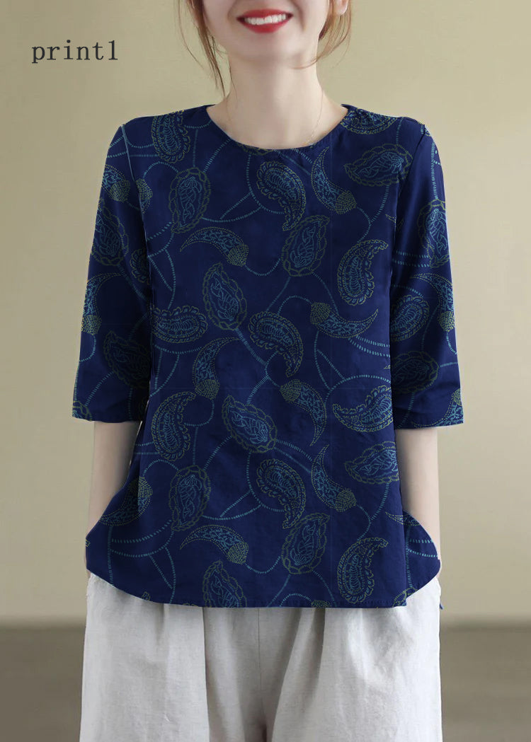 French Print5 O-Neck Embroideried Cotton Blouses Half Sleeve