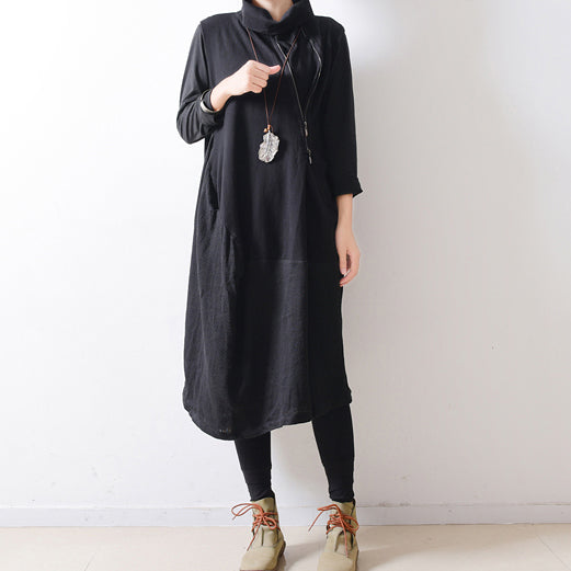 2025 autumn black shoulder zipper linen dresses cotton patchwork caftans  plus size gowns