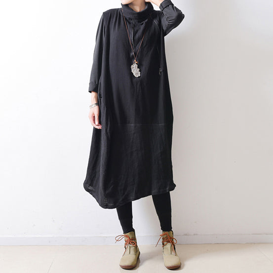 2025 autumn black shoulder zipper linen dresses cotton patchwork caftans  plus size gowns