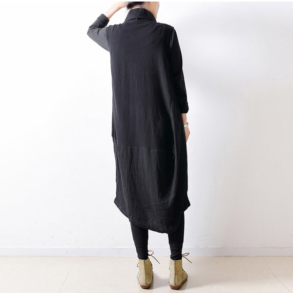 2025 autumn black shoulder zipper linen dresses cotton patchwork caftans  plus size gowns