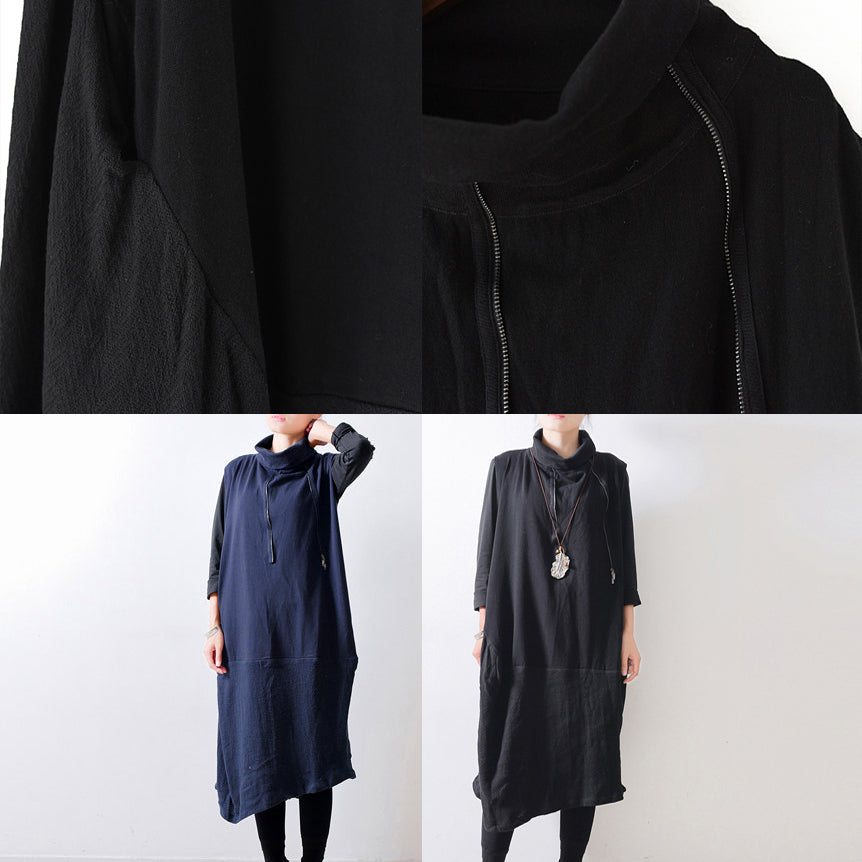 2025 autumn black shoulder zipper linen dresses cotton patchwork caftans  plus size gowns