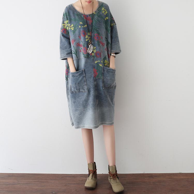 2025 Autumn Oversize Denim Dresses Blooming Flowers Casual Denim Shirts