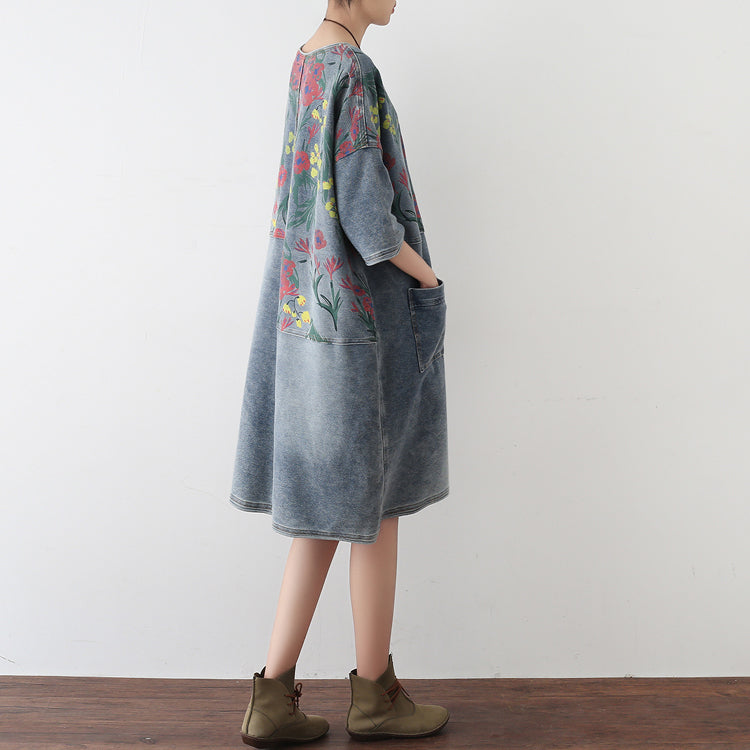 2025 Autumn Oversize Denim Dresses Blooming Flowers Casual Denim Shirts