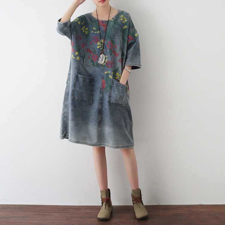 2025 Autumn Oversize Denim Dresses Blooming Flowers Casual Denim Shirts