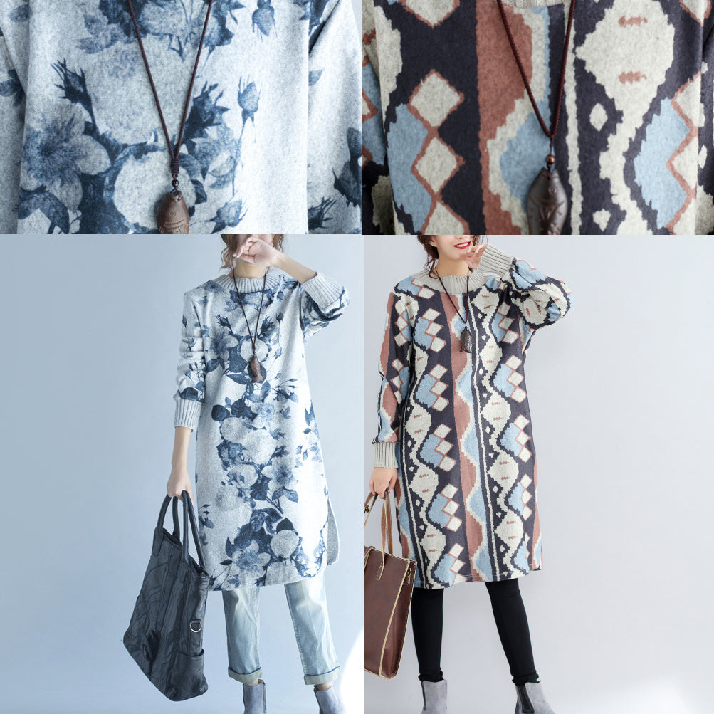 2025 autumn winter gray print woolen knit dresses plus size  fit sweater dress side open