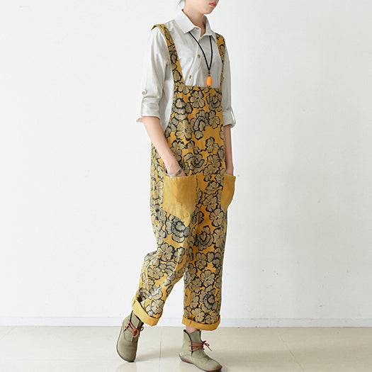 2025 autumn yellow print jumpsuits cotton pants oversize casual fall outfits