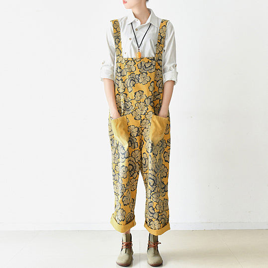 2025 autumn yellow print jumpsuits cotton pants oversize casual fall outfits