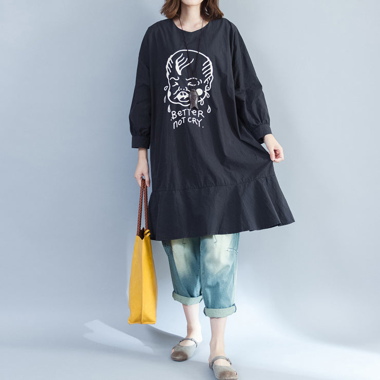 2025 baggy loose black prints cotton dresses plus size long  fit a line dress