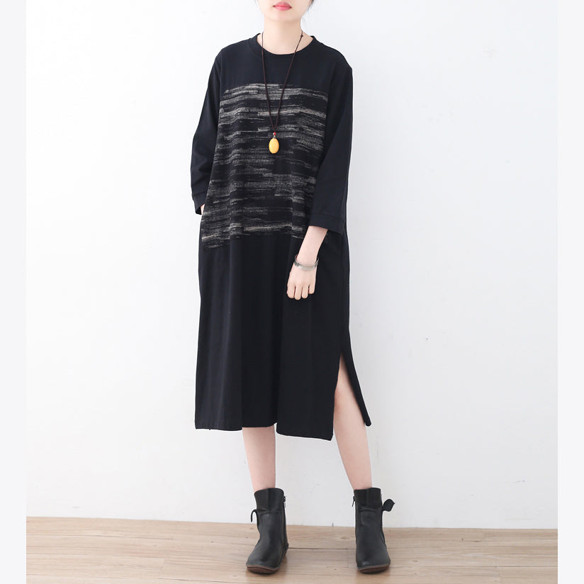 2025 black cotton knee dress oversized traveling dress boutique side open striped cotton dresses