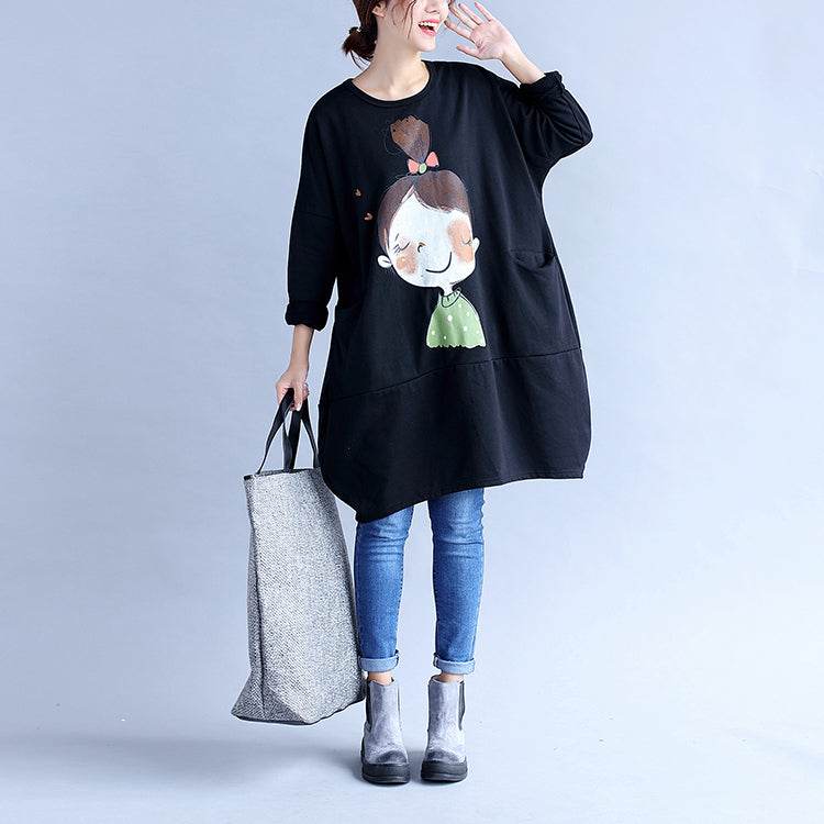 2025 black prints cotton casual dresses oversize big pockets traveling dress