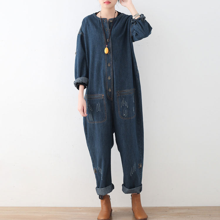 2025 blue casual cotton high waist plus size jumpsuit pants