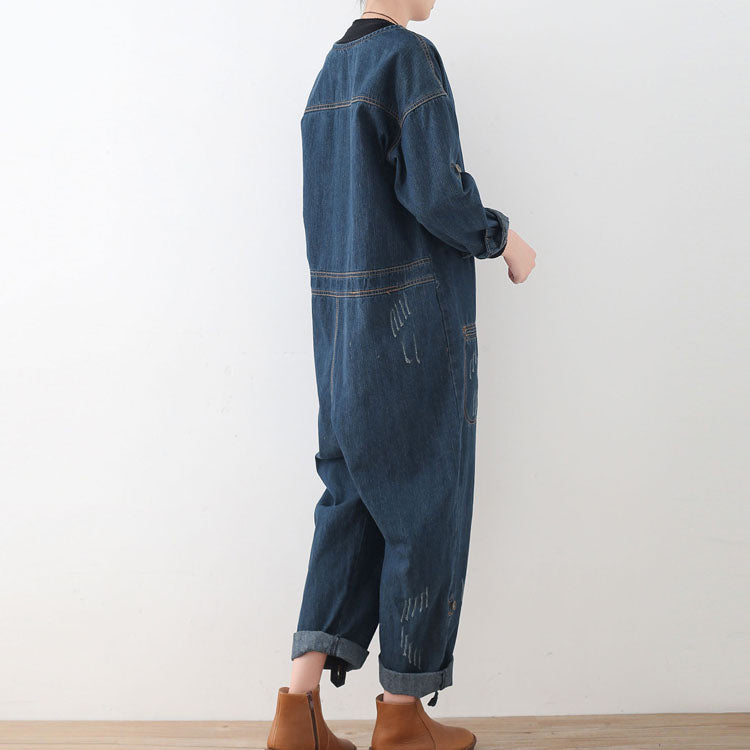 2025 blue casual cotton high waist plus size jumpsuit pants