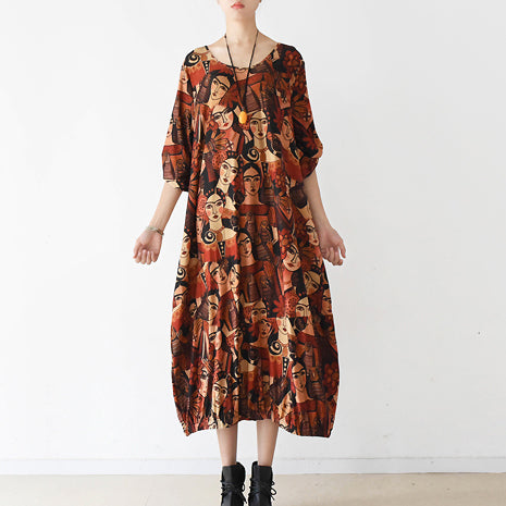 2025 brown prints cotton dress plus size clothing o neck cotton clothing dresses