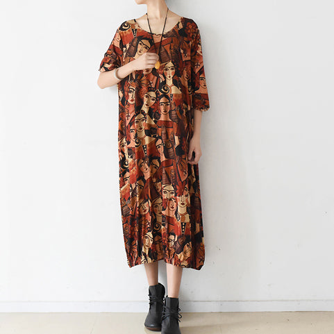 2025 brown prints cotton dress plus size clothing o neck cotton clothing dresses