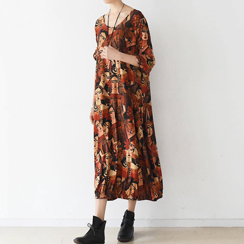 2025 brown prints cotton dress plus size clothing o neck cotton clothing dresses