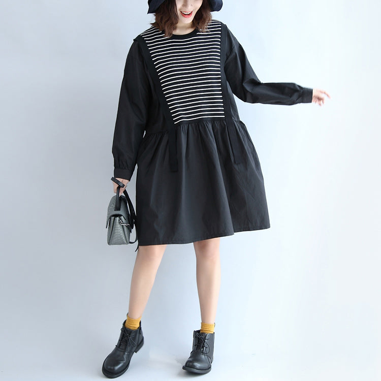 2025 dark striped knit patchwork cotton dresses plus size o neck casual dress