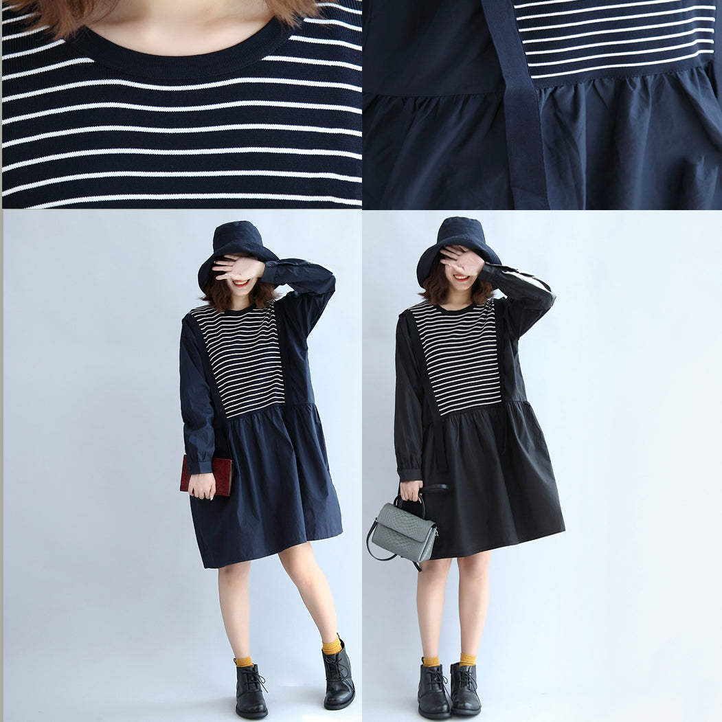 2025 dark striped knit patchwork cotton dresses plus size o neck casual dress