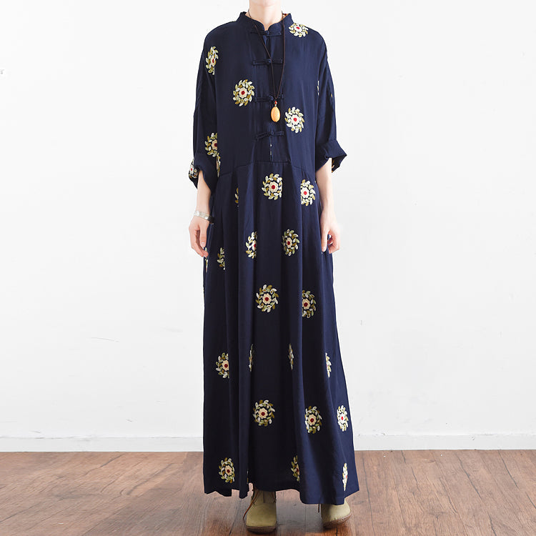 2025 fall Navy embroidered chiffon dresses oversized chiffon gown caftans traveling