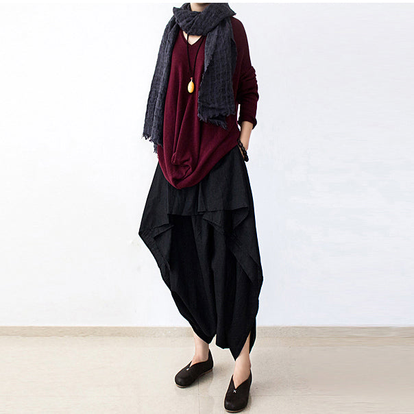 2025 fall black carrot pants oversized linen pants casual layered pants elastic waist