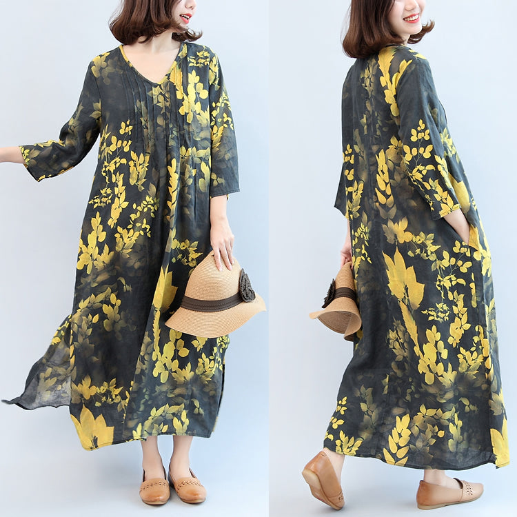 2025 fall black yellow print linen dresses plus size v neck sundress side open