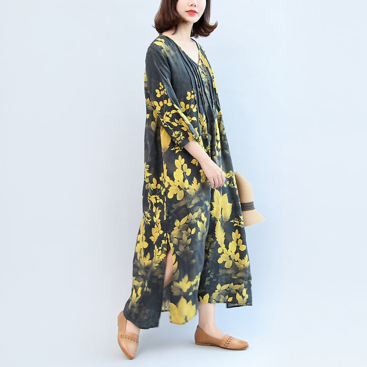 2025 fall black yellow print linen dresses plus size v neck sundress side open