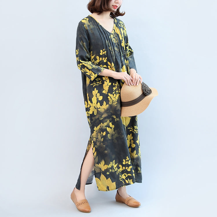 2025 fall black yellow print linen dresses plus size v neck sundress side open