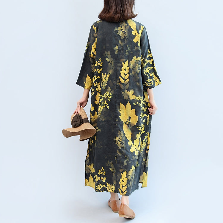 2025 fall black yellow print linen dresses plus size v neck sundress side open