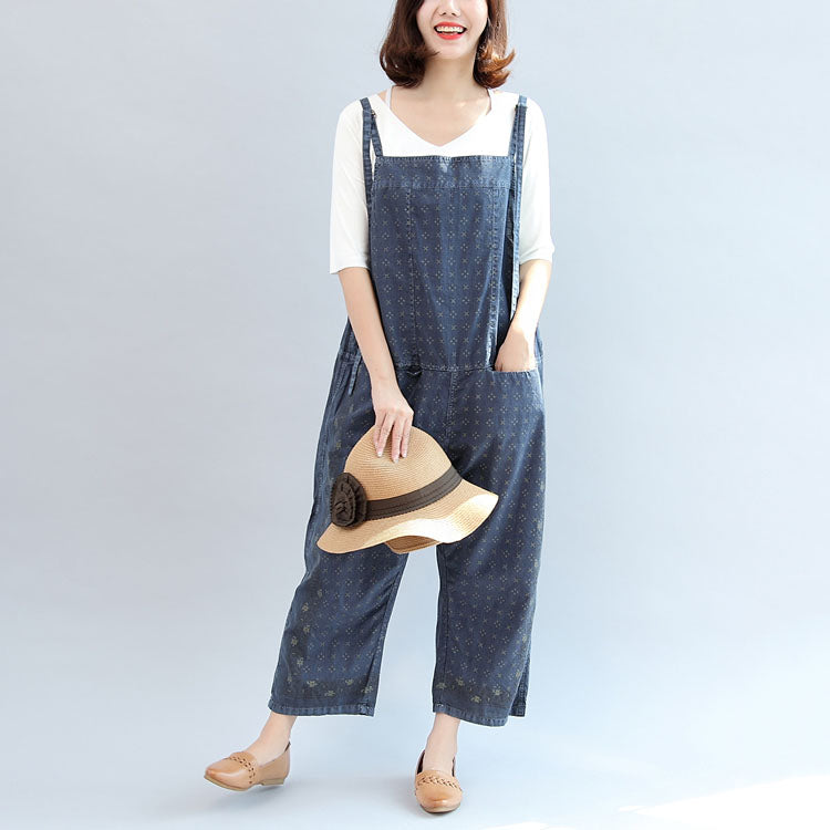 2025 fall blue print cotton pants plus size jumpsuit pants