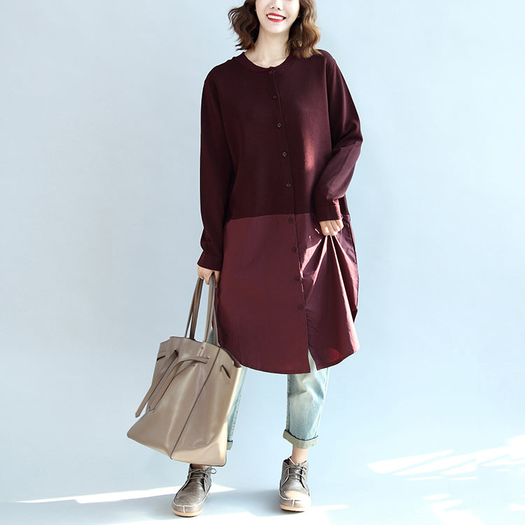 2025 fall burgundy patchwork hem cotton sweater dresses plus size casual knit shirts dress