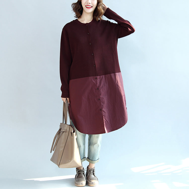 2025 fall burgundy patchwork hem cotton sweater dresses plus size casual knit shirts dress