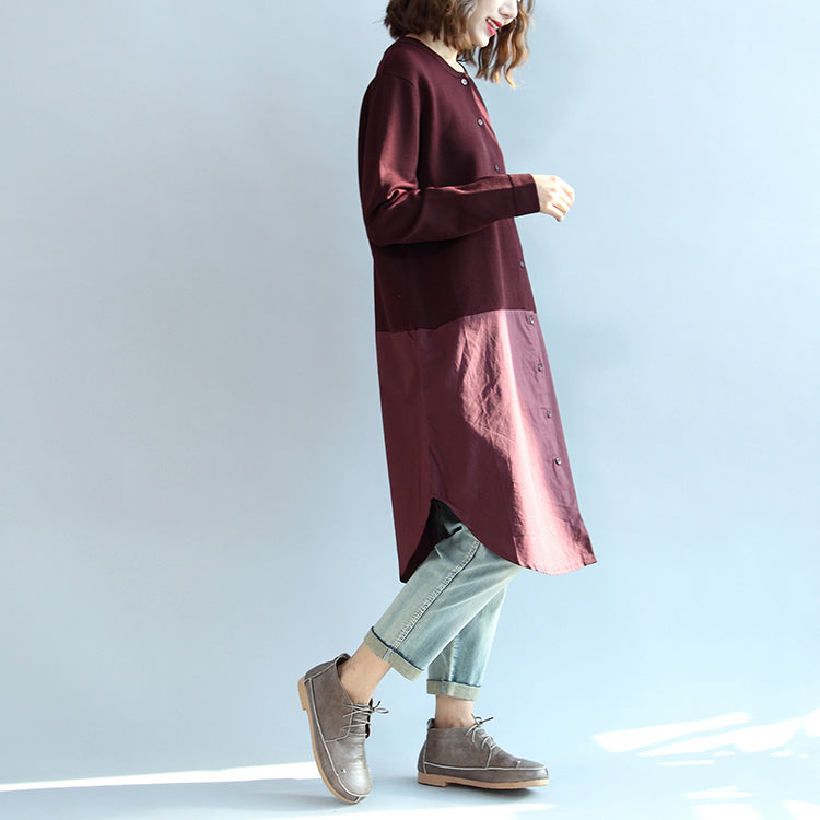 2025 fall burgundy patchwork hem cotton sweater dresses plus size casual knit shirts dress